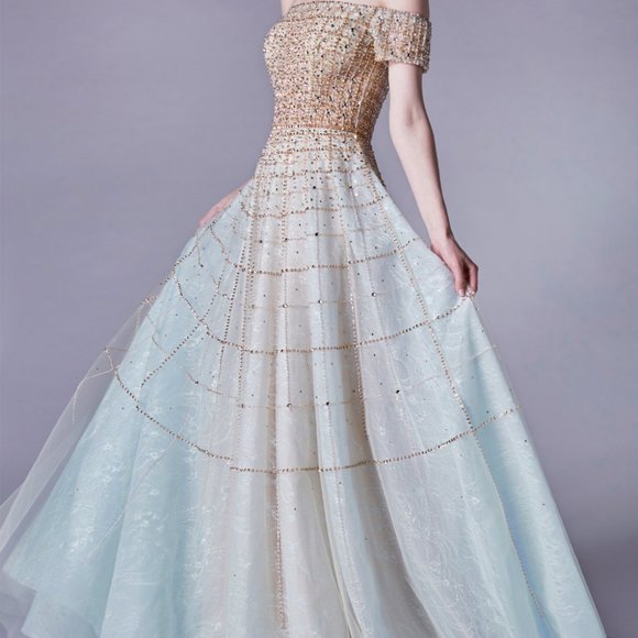 NEW CHAMPAGNE/BLUE PARTY EVENING OFF THE SHOULDER MODERN BEADED BALLGOWN AL0724 - Picture 8 of 13